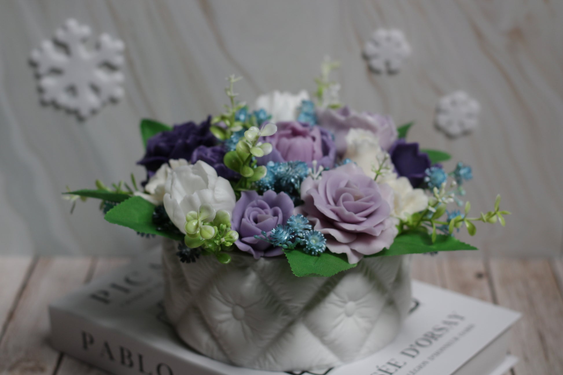 Ilgaamžė dekoratyvinė puokštė iš muilo gėlių Violetinė pasaka